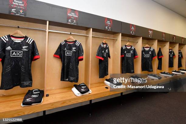 General view of the Māori All Blacks dressing room before the match between the Maori All Blacks and Lakapi Samoa at Sky Stadium on June 26, 2021 in...