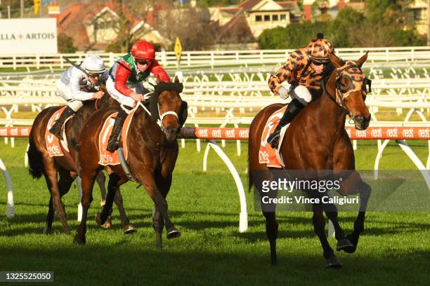 Lachlan King riding No Effort winning Race 7, the Neds Same Race Multi Handicap, during Melbourne Racing at Caulfield Racecourse on June 26, 2021 in...