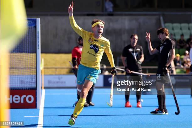 Flynn Ogilvie of the Kookaburras celebrates after scoring a goal during the FIH Pro League match between the Australian Kookaburras and the New...
