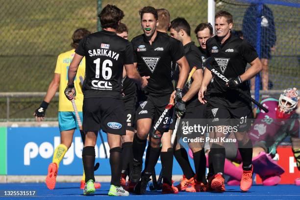 Nick Wilson of the Black Sticks celebrates a goal during the FIH Pro League match between the Australian Kookaburras and the New Zealand Black Sticks...