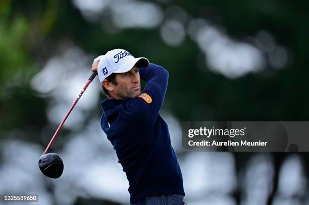 Gregory Bourdy of France plays his first shot on the 1st hole during Day Three of the Open de Bretagne at Golf Bluegreen de Pleneuf Val Andre on June...