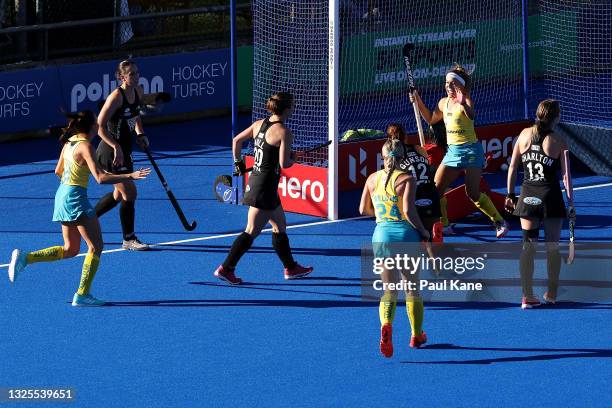 Rosie Malone of the Hockeyroos celebrates a goal during the FIH Pro League match between the Australian Hockeyroos and the New Zealand Black Sticks...
