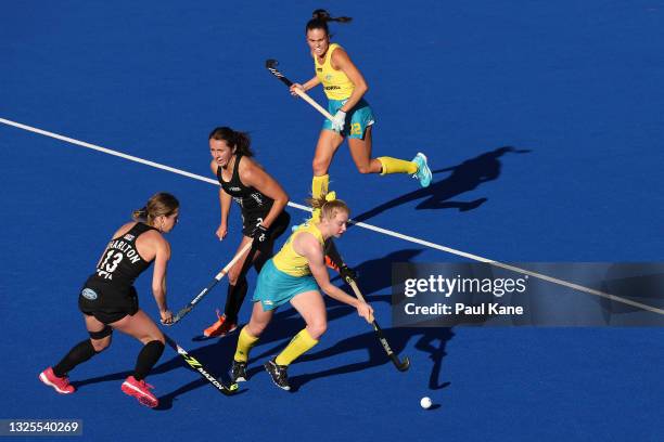 Amy Lawton of the Hockeyroos controls the ball during the FIH Pro League match between the Australian Hockeyroos and the New Zealand Black Sticks at...