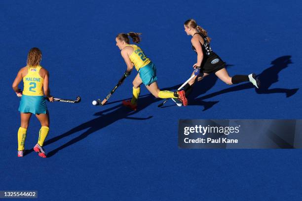 Emily Chalker of the Hockeyroos controls the ball during the FIH Pro League match between the Australian Hockeyroos and the New Zealand Black Sticks...