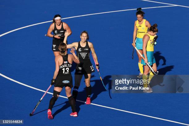 Stacey Michelsen of the Black Sticks celebrates a goal during the FIH Pro League match between the Australian Hockeyroos and the New Zealand Black...