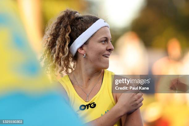 Rosie Malone of the Hockeyroos looks on after being defeated during the FIH Pro League match between the Australian Hockeyroos and the New Zealand...