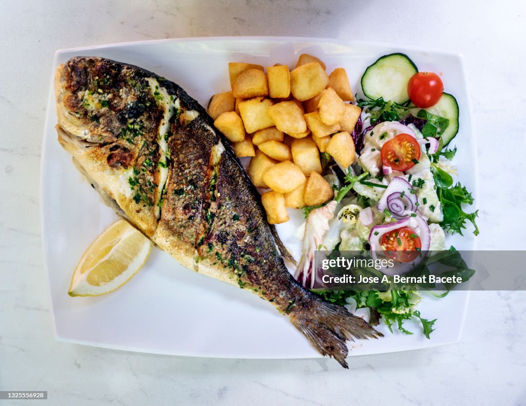Plate of grilled fish fillet (Sparus aurata) with salad and potatoes on white background.