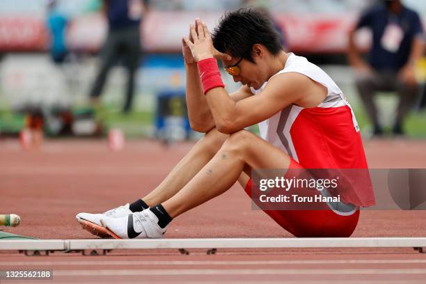 Daichi Sawano reacts after competing in the Men's Pole Vault final during the 105th Japan Athletics Championships at Yanmar Stadium Nagai on June 26,...