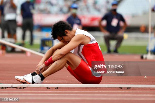Daichi Sawano reacts after competing in the Men's Pole Vault final during the 105th Japan Athletics Championships at Yanmar Stadium Nagai on June 26,...