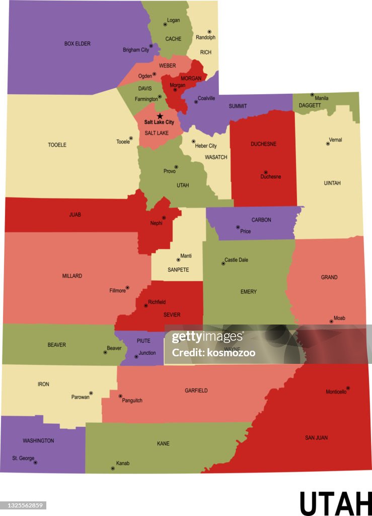 Ut Counties Colorful Flat Map Of The State Of Utah Usa With Counties High-Res ...