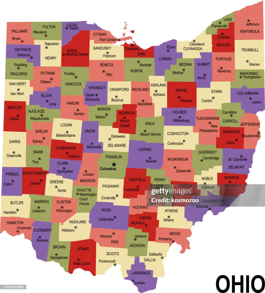 Colorful flat map of the state of Ohio USA with counties