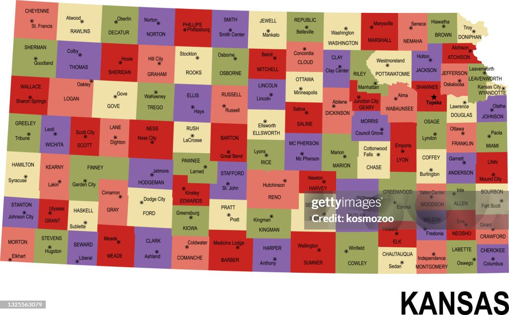 Colorful flat map of the state of  Kansas USA with counties