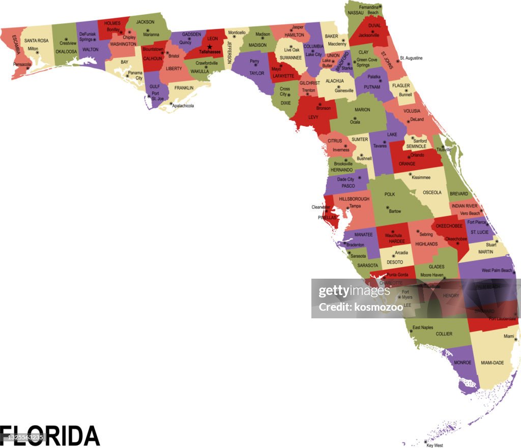 Florida Maps In Color Colorful Flat Map Of The State Of Florida Usa With Counties High-Res ...