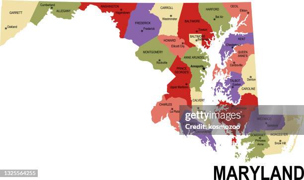 ilustraciones, imágenes clip art, dibujos animados e iconos de stock de mapa plano colorido del estado de maryland los e.e.u.u. con los condados - maryland us state