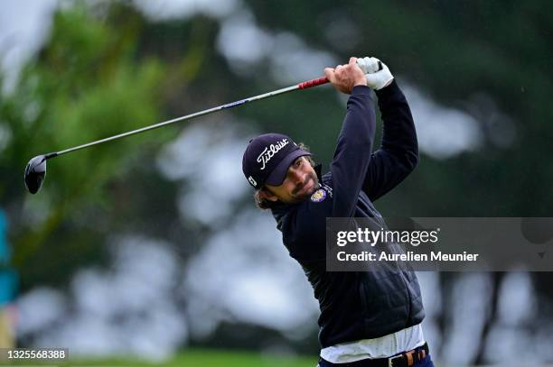 Gary Stal of France plays his first shot on the 1st hole during Day Three of the Open de Bretagne at Golf Bluegreen de Pleneuf Val Andre on June 26,...