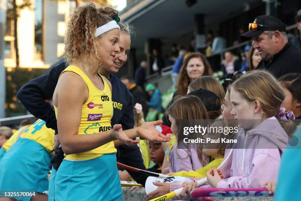 Rosie Malone of the Hockeyroos talks with spectators following the FIH Pro League match between the Australian Hockeyroos and the New Zealand Black...