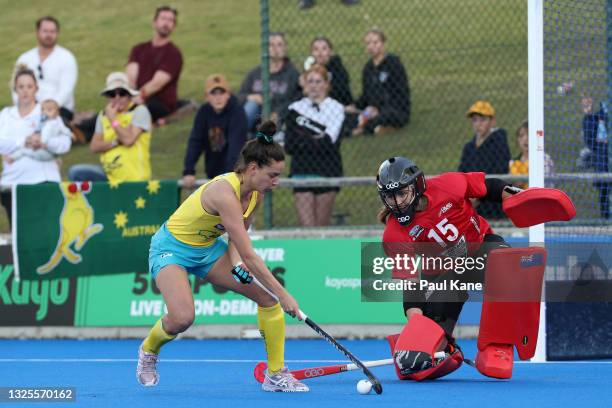 Brooke Peris of the Hockeyroos looks for a shot against Grace O’Hanlon of the Black Sticks during the FIH Pro League match between the Australian...