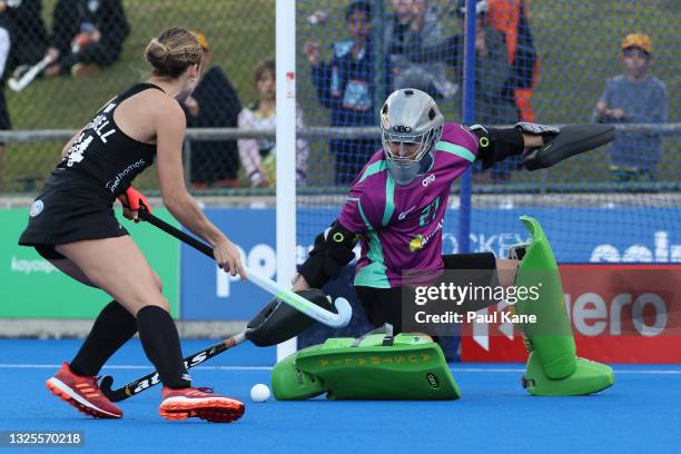 Rachael Lynch of the Hockeyroos saves a shot on goal by Rose Keddell of the Black Sticks during the FIH Pro League match between the Australian...