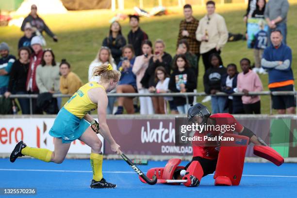Grace O’Hanlon of the Black Sticks saves a shot on goal by Amy Lawton of the Hockeyroos during the FIH Pro League match between the Australian...