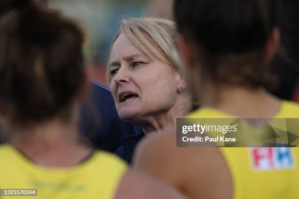 Katrina Powell, head coach of the Hockeyroos addresses her players during the FIH Pro League match between the Australian Hockeyroos and the New...
