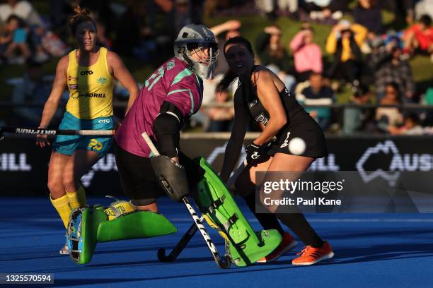 Rachael Lynch of the Hockeyroos saves a shot on goal during the FIH Pro League match between the Australian Hockeyroos and the New Zealand Black...