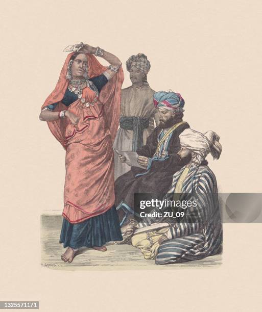 stockillustraties, clipart, cartoons en iconen met 19th century, central asian costumes, hand-colored wood engraving, published c1880 - tulband