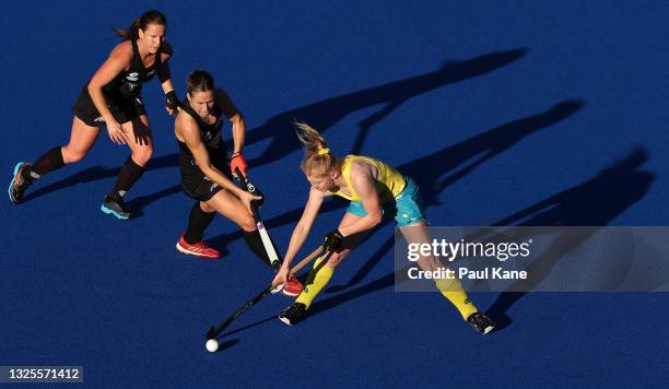 Amy Lawton of the Hockeyroos controls the ball during the FIH Pro League match between the Australian Hockeyroos and the New Zealand Black Sticks at...