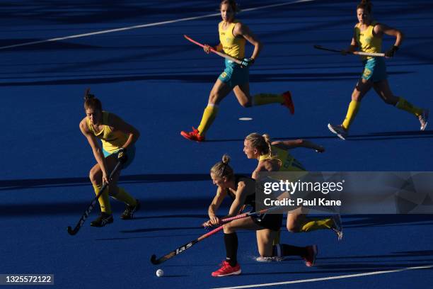Stacey Michelsen of the Black Sticks takes a shot on goal during the FIH Pro League match between the Australian Hockeyroos and the New Zealand Black...