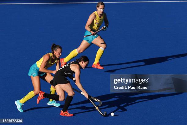 Kelsey Smith of the Black Sticks controls the ball against Savannah Fitzpatrick of the Hockeyroos during the FIH Pro League match between the...