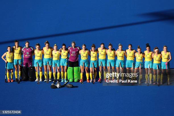 The Hockeyroos line up for the national anthem during the FIH Pro League match between the Australian Hockeyroos and the New Zealand Black Sticks at...