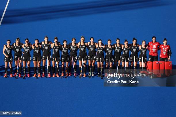 The Black Sticks line up for the national anthem during the FIH Pro League match between the Australian Hockeyroos and the New Zealand Black Sticks...