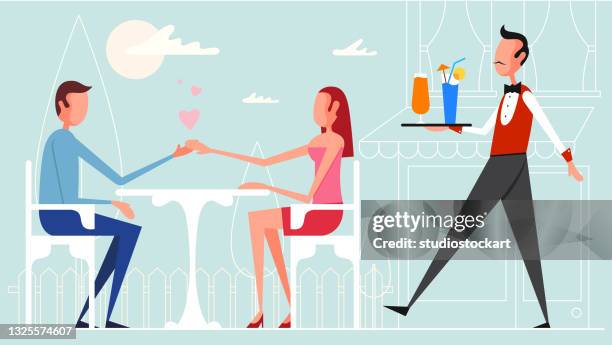 ilustrações de stock, clip art, desenhos animados e ícones de waiter serving drink at a restaurant - mesa para dois