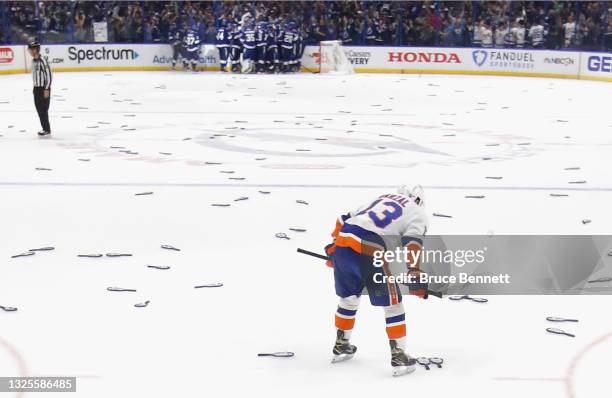 Mathew Barzal of the New York Islanders pauses following a loss to the Tampa Bay Lightning in Game Seven of the NHL Stanley Cup Semifinals during the...