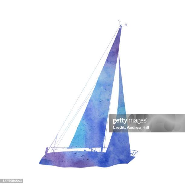 racing sailboat silhouette in a blue and purple watercolor texture. vector eps10 - 風船 幅插畫檔、美工圖案、卡通及圖標