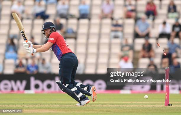 Jonny Bairstow of England is bowled by Isuru Udana of Sri Lanka during the third T20 International between England and Sri Lanka at the Ageas Bowl on...