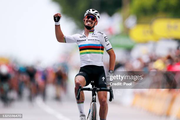 Julian Alaphilippe of France and Team Deceuninck - Quick-Step celebrates at arrival during the 108th Tour de France 2021, Stage 1 a 197,8km stage...