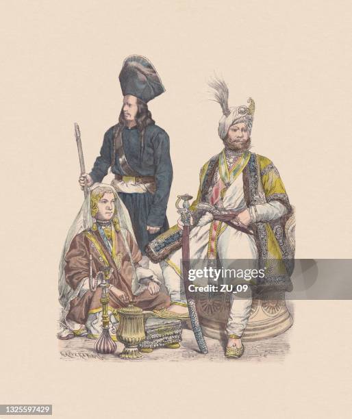 19th century, central asian costumes, hand-colored wood engraving, published c1880 - raja stock illustrations