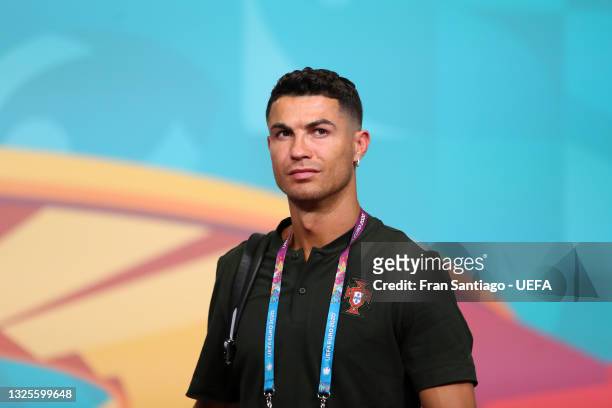 Cristiano Ronaldo of Portugal arrives at the stadium prior to the Portugal Training Session ahead of the UEFA Euro 2020 Round of 16 match between...