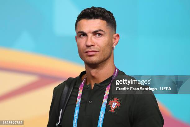 Cristiano Ronaldo of Portugal arrives at the stadium prior to the Portugal Training Session ahead of the UEFA Euro 2020 Round of 16 match between...