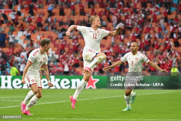 Kasper Dolberg of Denmark celebrates after scoring their side's second goal during the UEFA Euro 2020 Championship Round of 16 match between Wales...