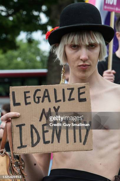 Protestor reacts to the camera as thousands attend the third Trans Pride march on June 26, 2021 in London, England.