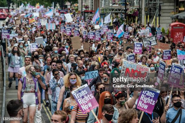 The protest proceeds down Piccadilly as thousands attend the third Trans Pride march on June 26, 2021 in London, England.