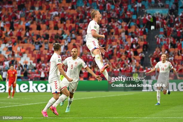 Kasper Dolberg of Denmark celebrates after scoring their side's second goal during the UEFA Euro 2020 Championship Round of 16 match between Wales...