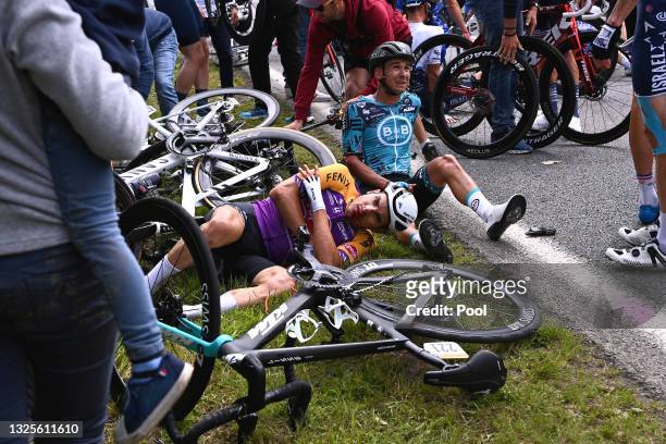 Bryan Coquard of France and Team B&B Hotels p/b KTM & Kristian Sbaragli of Italy and Team Alpecin-Fenix injury after crash during the 108th Tour de...