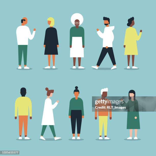 diverse full-length adults in casual clothing full-color vector illustration set - cute-blue-backgrounds stock illustrations