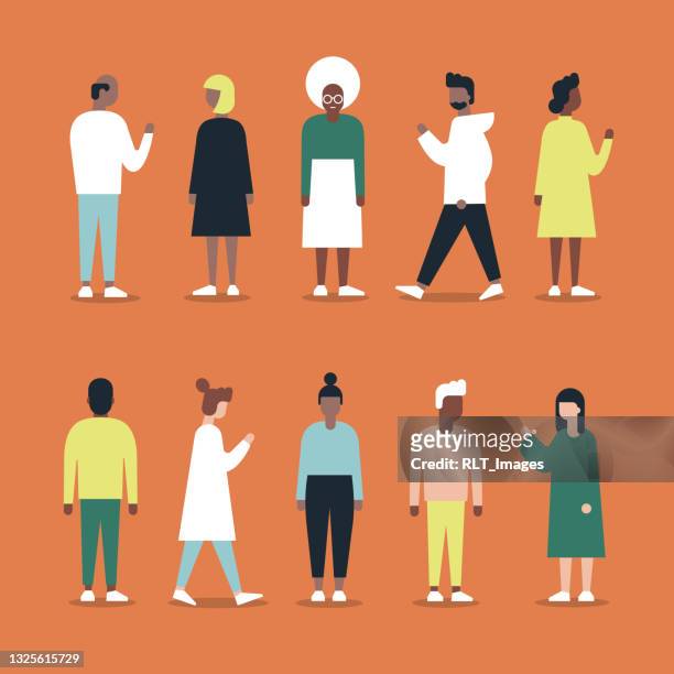 diverse full-length adults in casual clothing full-color vector illustration set - simplicity stock illustrations