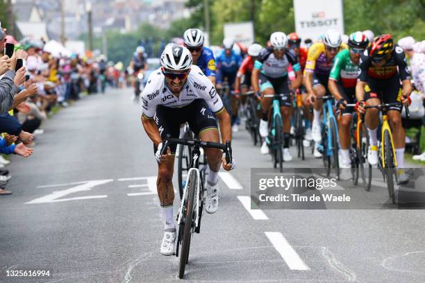 Julian Alaphilippe of France and Team Deceuninck - Quick-Step attacks on Côte De La Fosse Aux Loups final climb during the 108th Tour de France 2021,...