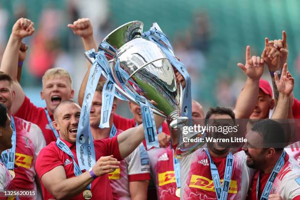 Mike Brown and Danny Care of Harlequins celebrate with the trophy during the Gallagher Premiership Rugby Final between Exeter Chiefs and Harlequins...
