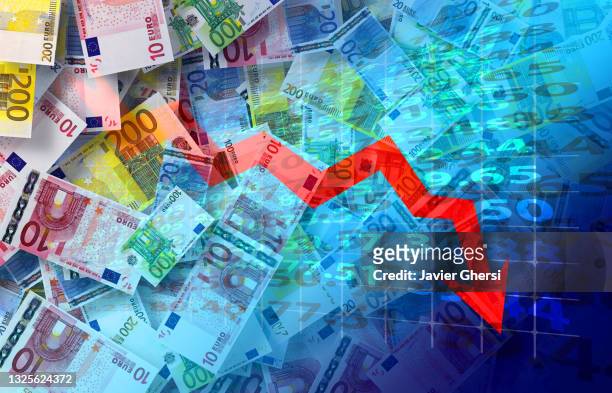 crisis in tourism: graph with downward arrow, passport suitcase and euros in cash. - swiss money stockfoto's en -beelden
