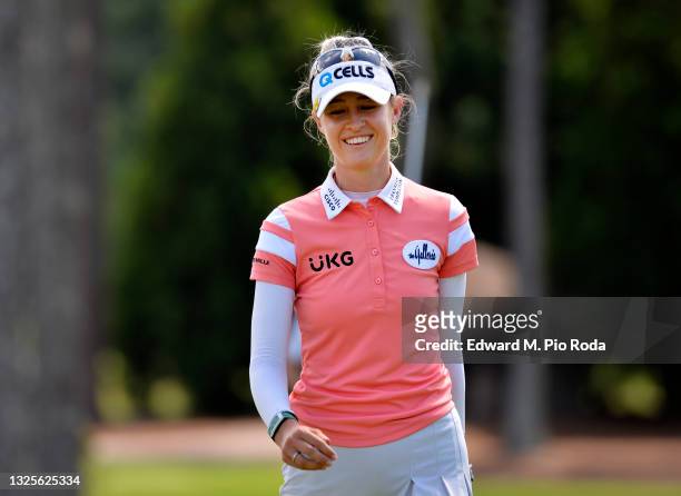 Nelly Korda on the 17th green during the third round of the KPMG Women's PGA Championship at Atlanta Athletic Club on June 26, 2021 in Johns Creek,...